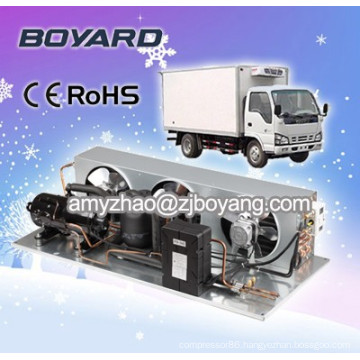 refrigeration unit for truck and trailer with hermetic rotary horizontal compressor condensing unit